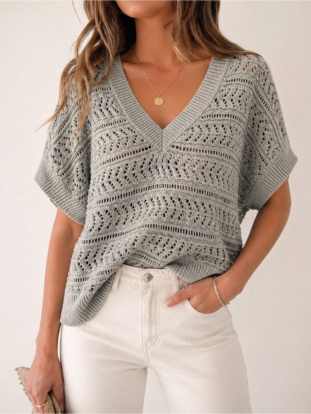 WHBM Silver Metallic Open Knit V-Neck Sweater | Short Sleeve | Size S